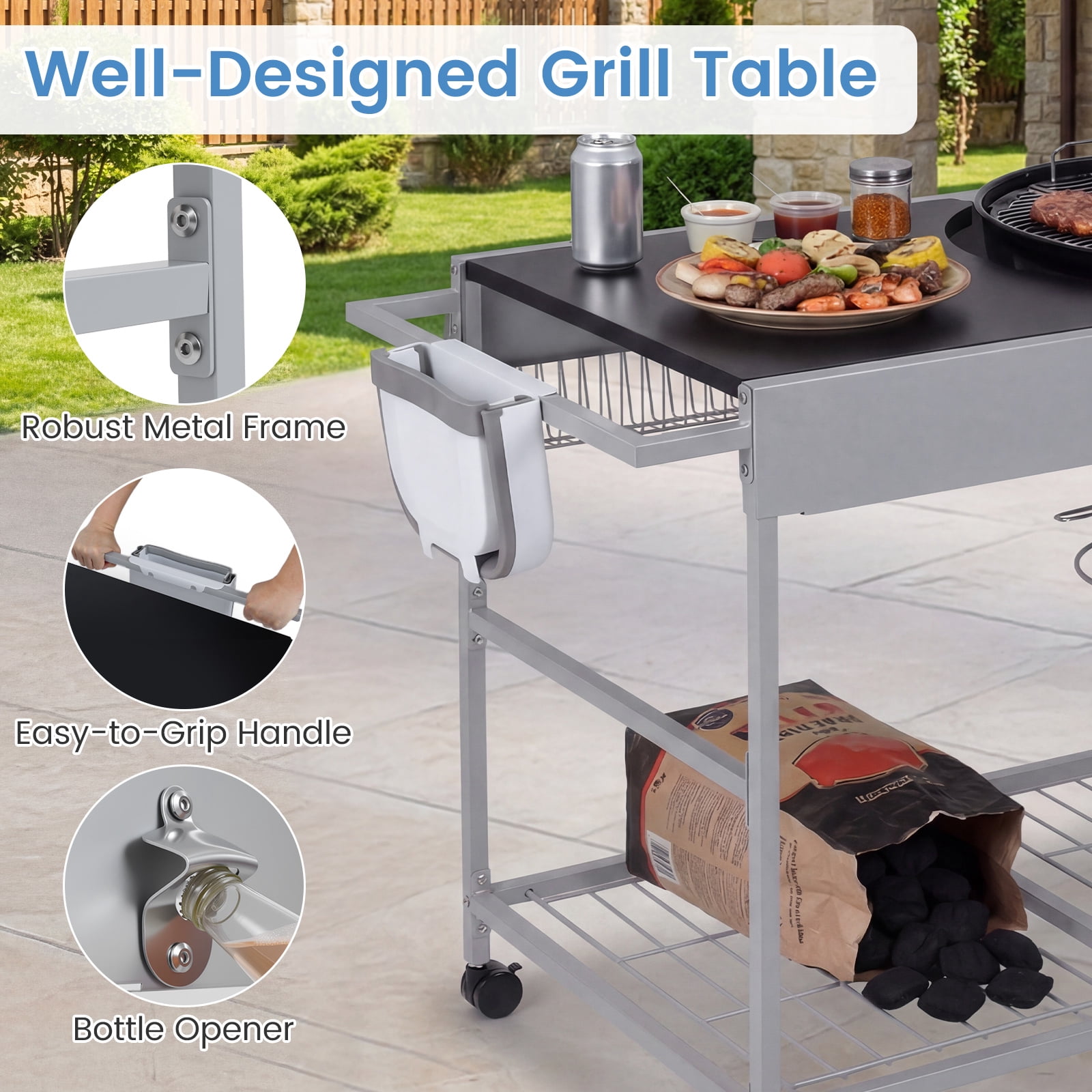 Costway Outdoor Grill Table for 18” & 22” Weber Original Kettle with Wire Rack, Garbage Can
