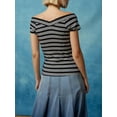 thumbnail image 4 of Cenuakty Women's Off Shoulder Tops Short Sleeve V Neck Solid Color/Striped Print Slim Fit T-Shirts Streetwear, 4 of 9