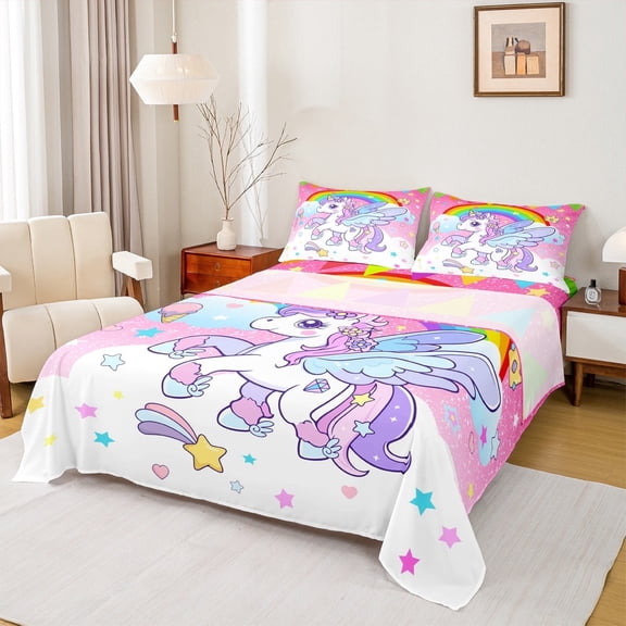 Erosebridal Kawaii Unicorn Bed Sheets Set Twin Size,Magic Animal Bedding Sets Twin Size,Rainbow Stars Triangle Bed Sheets Twin For Girls,Microfiber Bedroom Decoration,3pcs