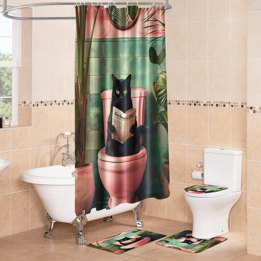 4PCS Vintage Bigfoot Sasquatch Shower Curtain Sets,Funny Animal Bathroom Sets with Non-Slip Rugs,Toilet Lid Cover,Bath Mat,Shower Curtain with 12 Hooks Farmhouse Bathroom Sets Decor