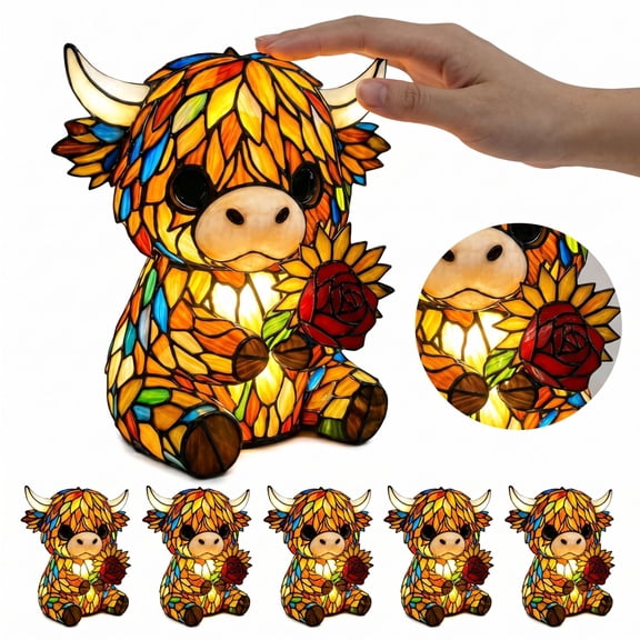 Handcrafted Stained Glass Highland Cow Lamp, Sunflower Animal Night Light for Bedroom Living Room Home Office Desk Decor