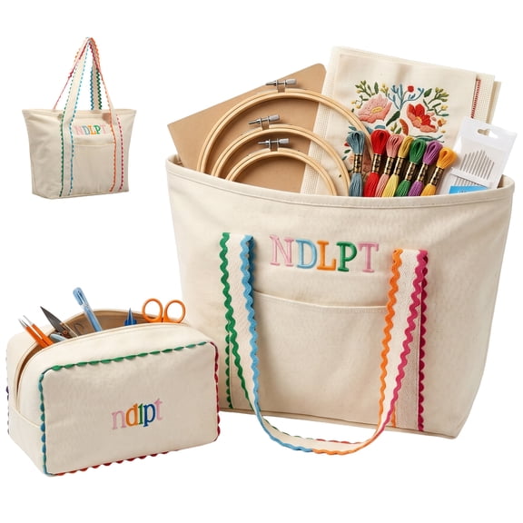 Needlepoint Project Bag Set,Canvas Tote Bag with Matching Pouch,Embroidery Storage Organizer for Cross Stitch Needle and Sewing Supply