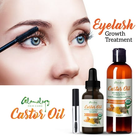 Glamology Organic USDA 100% Pure CASTOR OIL Stimulate Growth of Eyebrows and EyeLashes (4 oz.Bottle) with Neem and Herbs. FREE Eyelash (Best Organic Castor Oil For Eyelashes)