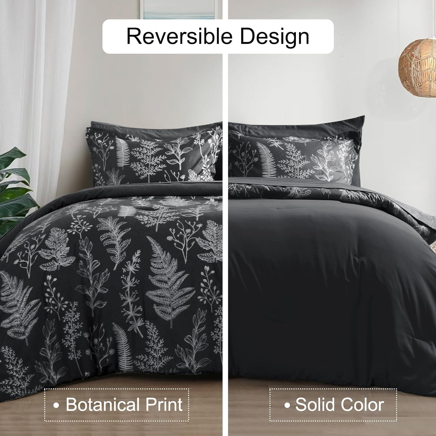 PHF 7 Pieces Printed Queen Comforter Set, Lightweight Reversible Botanical Bedding Set Include Comforter, Pillow Shams, Flat Sheet, Fitted Sheet and Pillowcases, Black