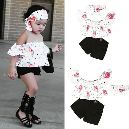

Youmylove Toddler Infant Kids Girls Floral Printed One Shoulder Top Jeans Shorts Hairband 3Pcs Outfit Set Clothes Baby Summer Autumn Clothing