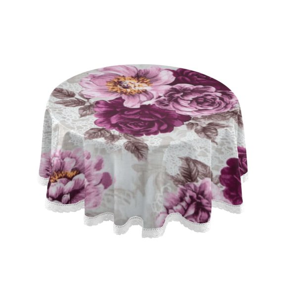 60 Inch Round Tablecloth with White Lace Trim Fall Table Cover for Elegant Dining Decor Magenta Roses