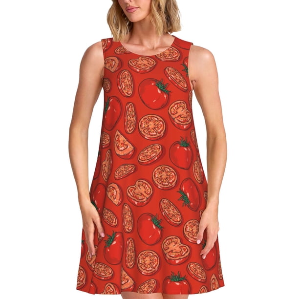 Fotbe Tomatoes Vestido de Verano sin Mangas para Mujer – Vestido Midi Línea A, Estilo Camiseta Floral, Vestido Playero Casual y Fluido