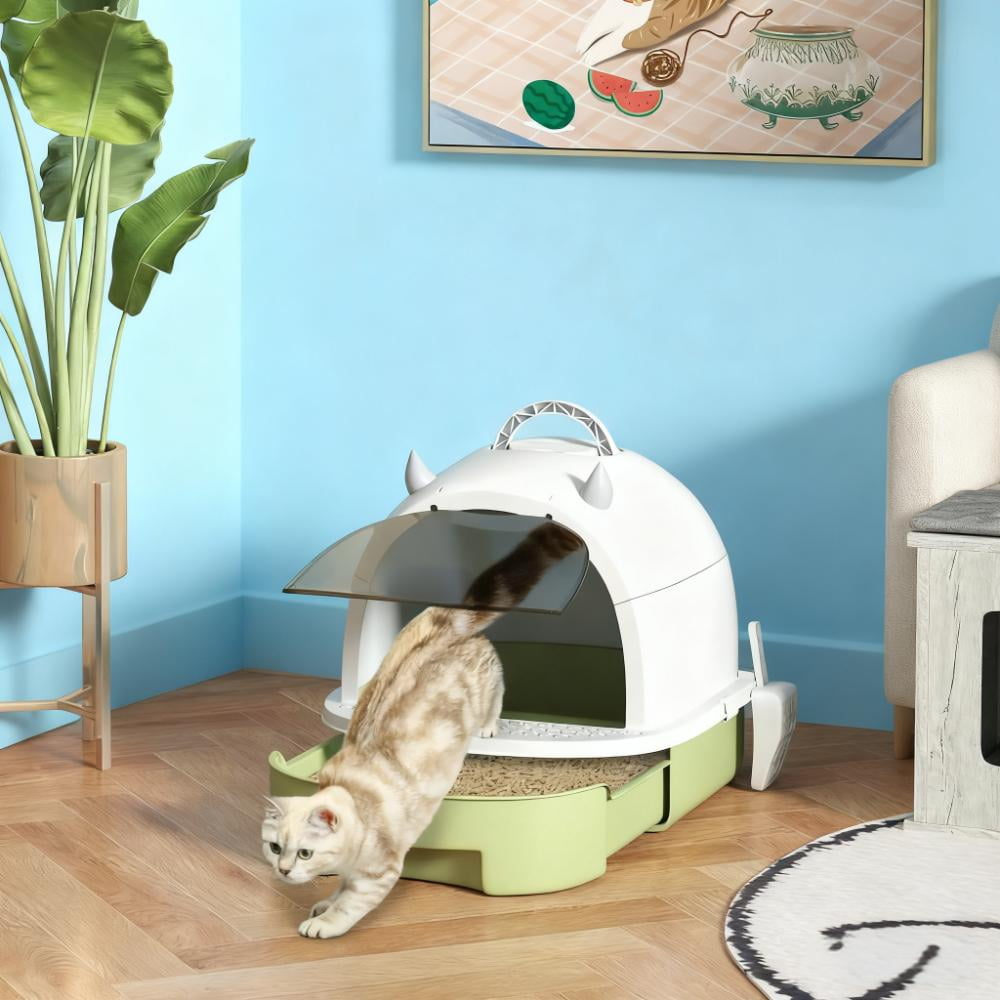 Green Covered Cat Litter Box with Lid, Enclosed Litter Box with Drawer, Scoop, Deodorizing Bags, Anti-Tracking Pedal, Portable No Assembly for Cats Under 10 lbs