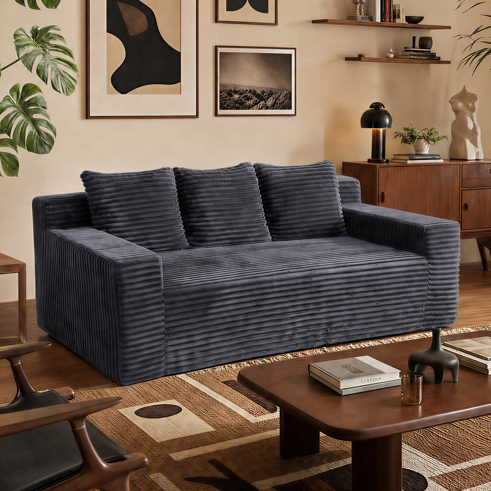 Loveseat Sofa 72.2 Inch, Corduroy Fabric Deep Seat Couch for Living Room Bedroom, No Assembly Required, Dark Gray
