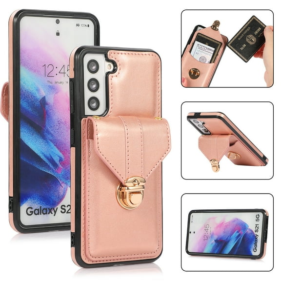 Back Wallet Case for Samsung Galaxy S23, Fashionable Metal Anti-Theft Buckle Card Slot Pocket Luxury PU Leather Cover with Shoulder Strap Lanyard Crossbody Kickstand Shockproof Case,Rosegold