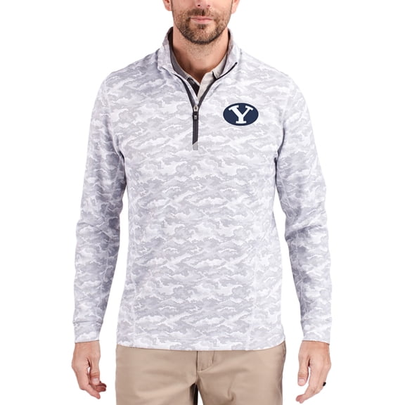 Men's-Cutter & Buck  Gray BYU Cougars Traverse Stretch Eco Camo DryTec Tri-Blend Quarter-Zip Pullover