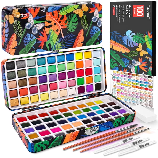 Set de pintura de acuarela Taotree de 100 colores con pinceles y caja de hojalata