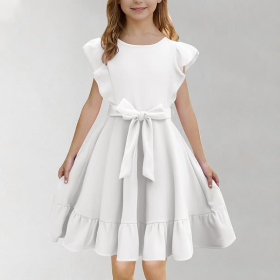 Lutiedan Girls Dresses Summer Elegant Flying Sleeve Smocked Flowy Midi Dress Casual A-Line Crewneck Swing Sundress with Waist Drawstring 3-14 Years