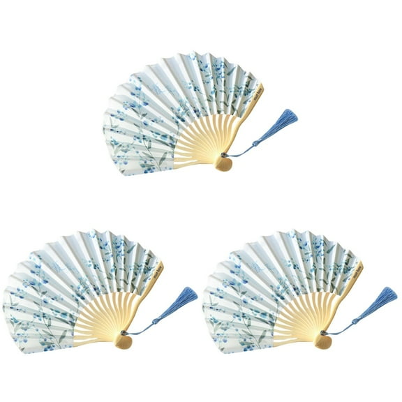Hytrove Bamboo Handle Fan for Girls Blue Ancient Style 3Pcs 10.2X8.3In