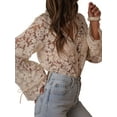 thumbnail image 2 of Womens Hollow Lace Shirt with Flower Pattern V-Neck Long Sleeved Cardigan Top Cream White M, 2 of 9