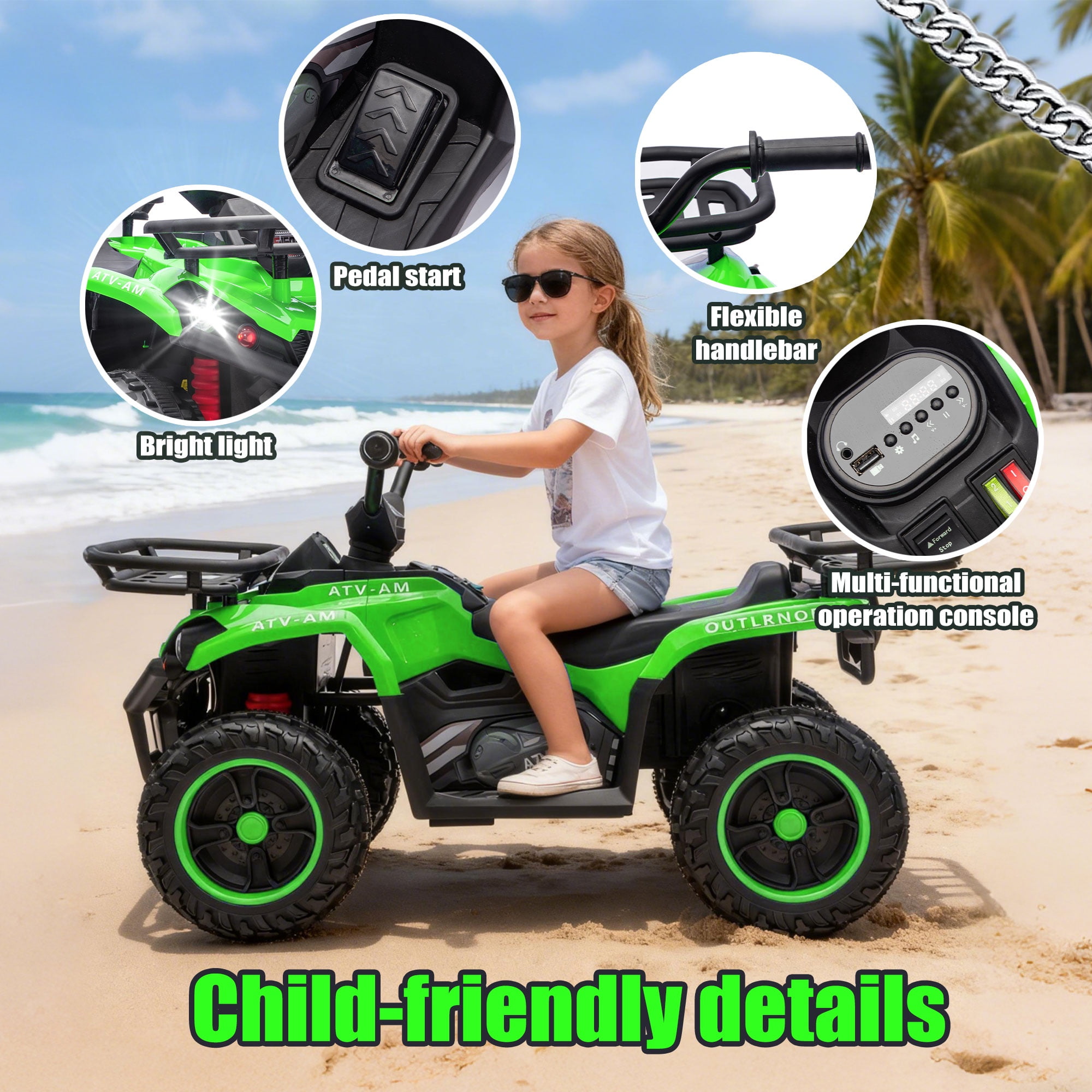 iYofe 24V Big Kids Ride on ATV Quad, Electric 4 Wheeler for Kids 3-6 with Battery Display, Anti-Slip Tires, LED Headlights, Bluetooth, MP3, Storage Racks, Gifts for Birthday & Christmas, Green
