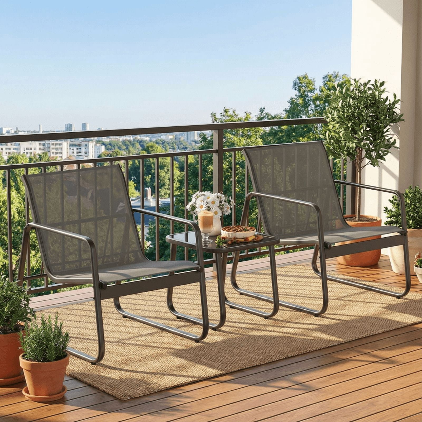 3-Piece Outdoor Patio Furniture Set, Modern Textilene Conversation Set with Coffee Table, All-Weather Bistro Set for Lawn, Balcony, Backyard, and Porch, Gray