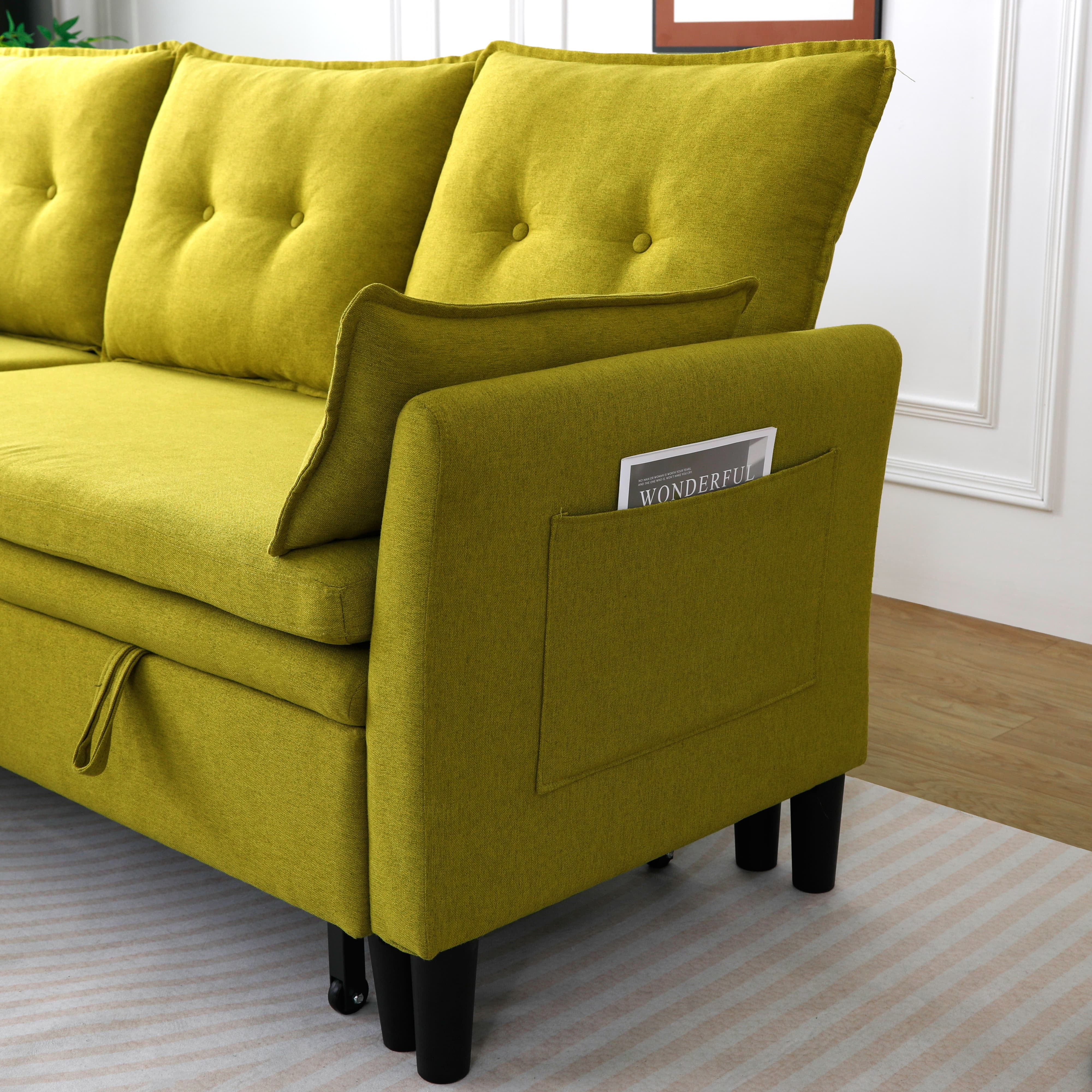 MAYEERTY L-Shaped Reversible Chaise Sectional Sofa Linen Sofa Bed with Storage, for Apartment, Green