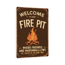Vintage-Style "Welcome to Our Fire Pit" Metal Sign - Rustic Outdoor Decor with Roaring Fire Illustration, 8" x 12"