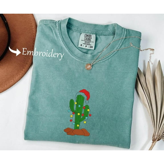 Funny Santa Cactus Embroidered Tsshirt – Western Succulent Christmas Shirt