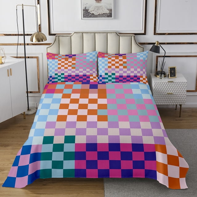 Erosebridal Checkered Gingham Coverlet Set Queen, Colorful Buffalo Bedding Set, Rectangle Geometry Decor