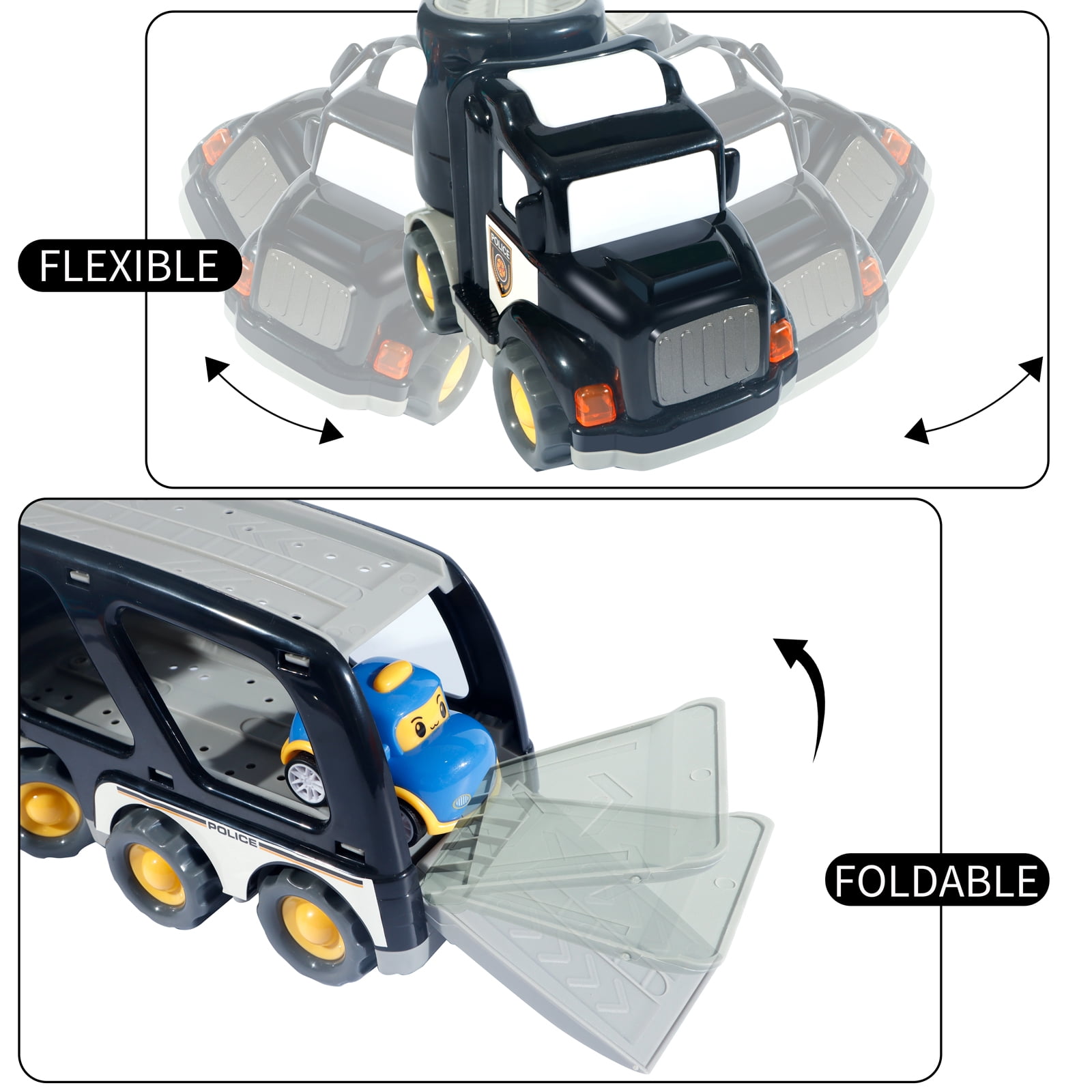 Truck Toys for 3 4 5 6 Years Old Boys Girls - 5 in 1 Carrier Cartoon Shape Transport for Toddlers 1-3, Friction Power Vehicles for Kids 3-5, Christmas New Year Birthday Gifts - Age 3-9, Black