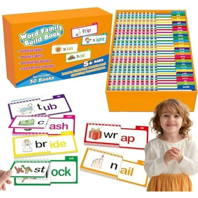 Lorynel Flip Books, 30 Read and Rhyme Flip Books, Rowgins-Official Reading Cards, ABC Vocabulary Flash Cards, Word Family Read and Rhyme Flip Activity Book (2Sets)