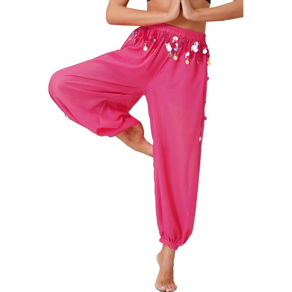 YONGHS Women's Belly Dance Costume Coins Side Split Lantern Harem Pants Arabic Halloween Trousers Hot Pink One Size