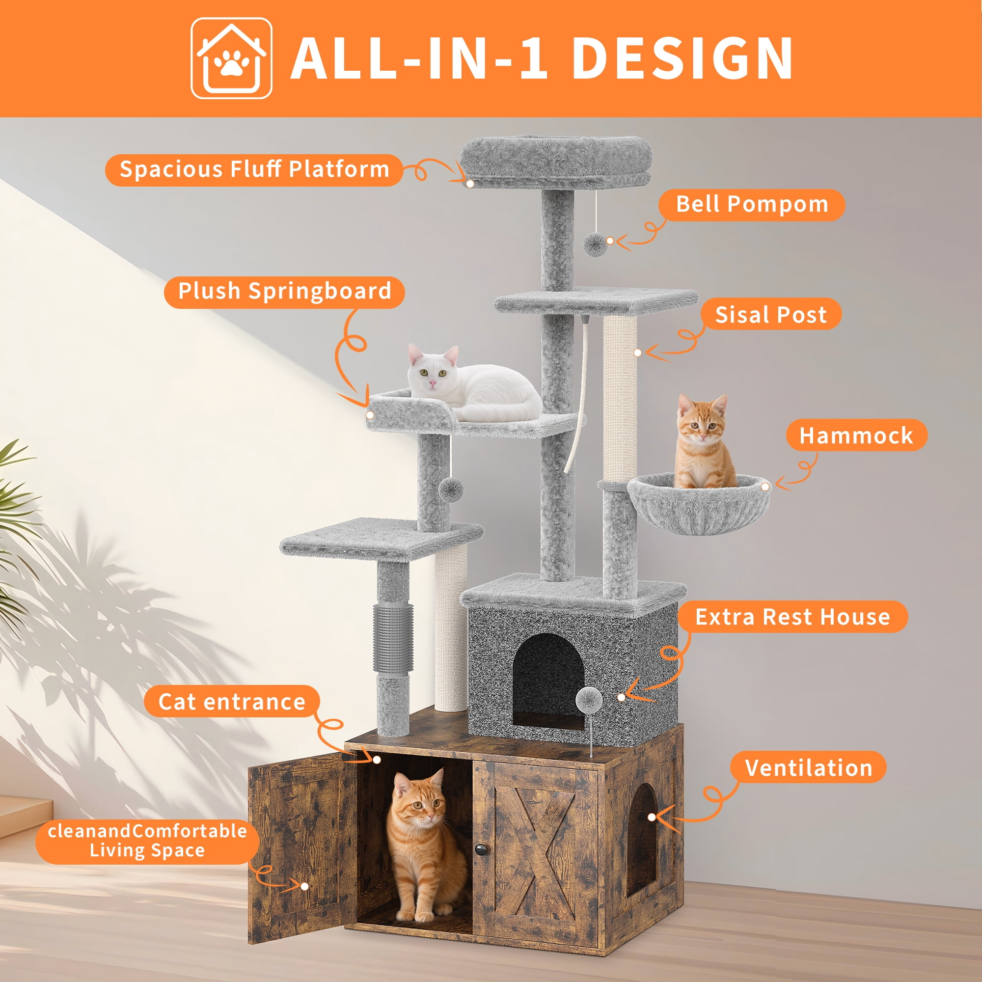 Accreate 2-in-1 Cat Tree with Hidden Litter Box Enclosure, Multi-Level Cat Tower with Scratching Post and Dangling Balls, Spacious Hammock, Indoor Cat Condo