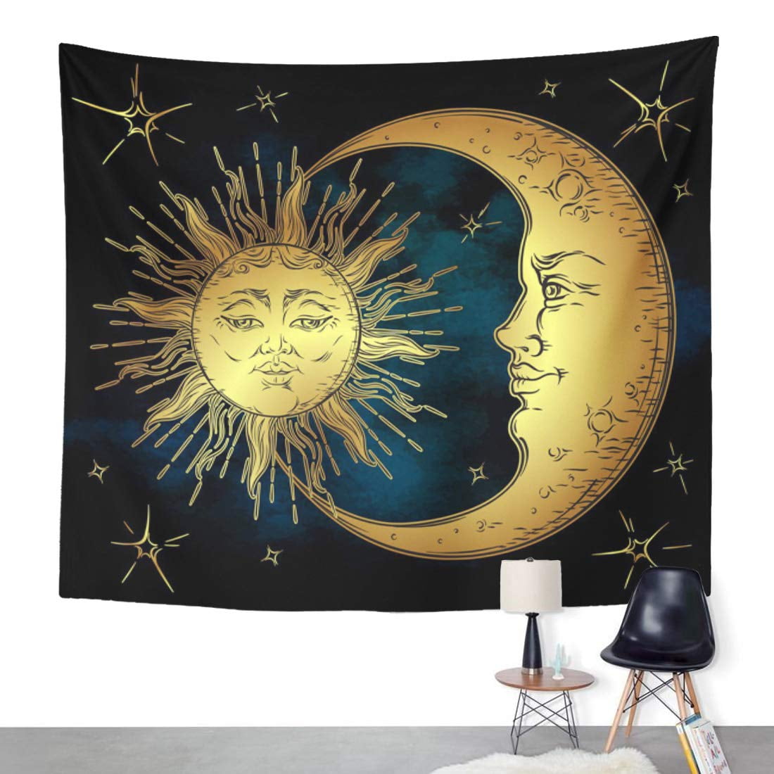 ZEALGNED Antique Golden Sun Crescent Moon and Stars Over Blue Wall Art