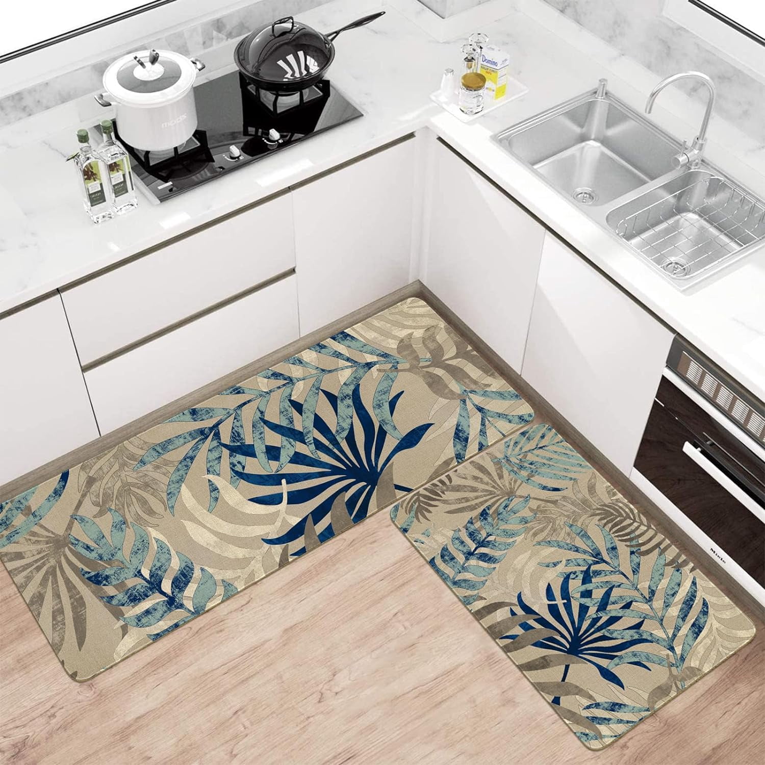 Boho Kitchen Mat Set of 2,Tropics Palm Leaves Kitchen Rugs and Mats Non Skid Washable,Bohemia Farmhouse Runner Rugs with Rubber Backing for Kitchen Decor Accessories (17"x47"+17"x30")