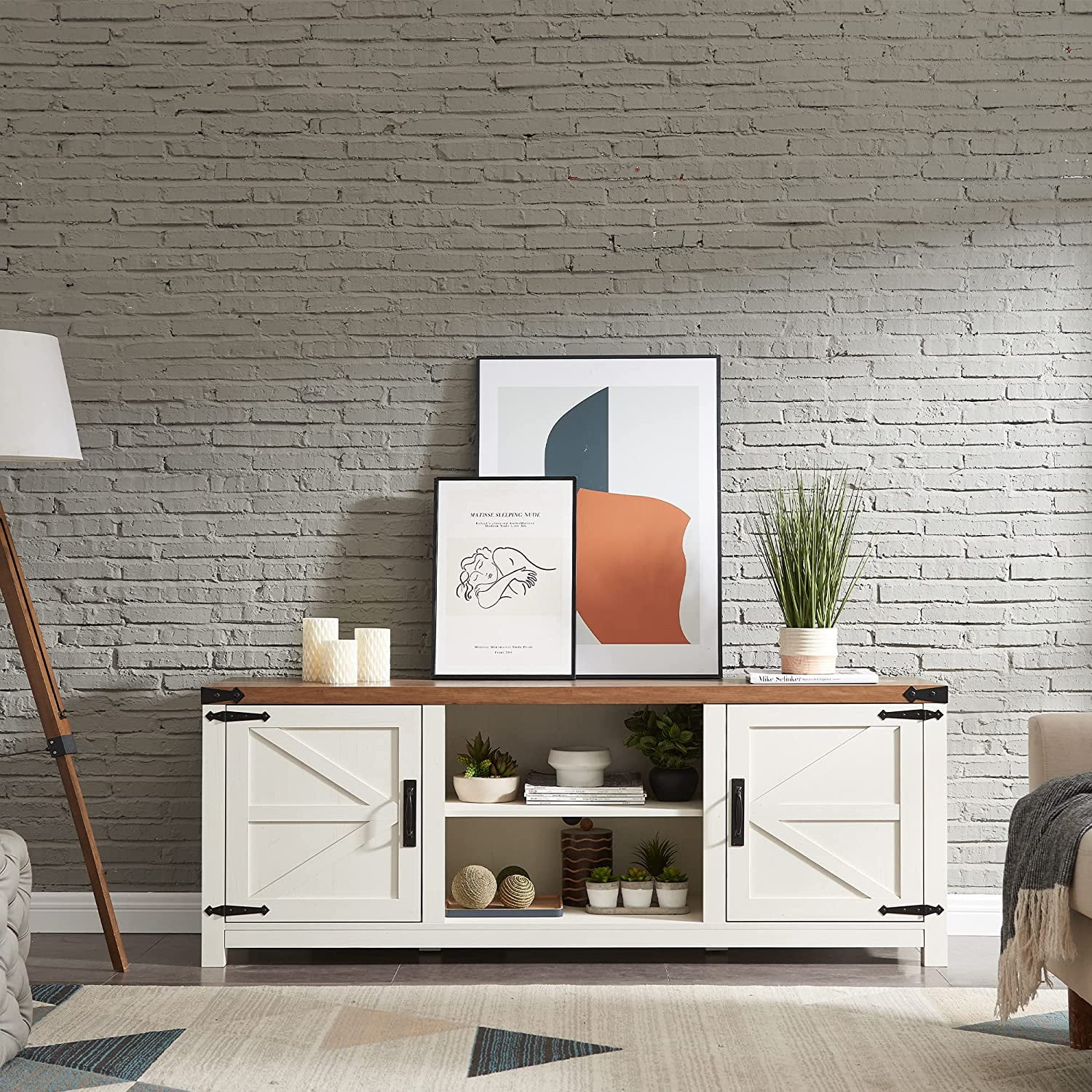 OKD Farmhouse Wood TV Stand with Storage for TVs up to 75