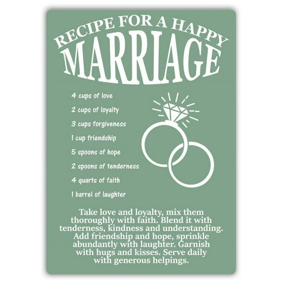 Metal Wall Sign Recipe For A Happy Marriage GREEN Love Couple Husband Wife Size: 12 X 8 INCH