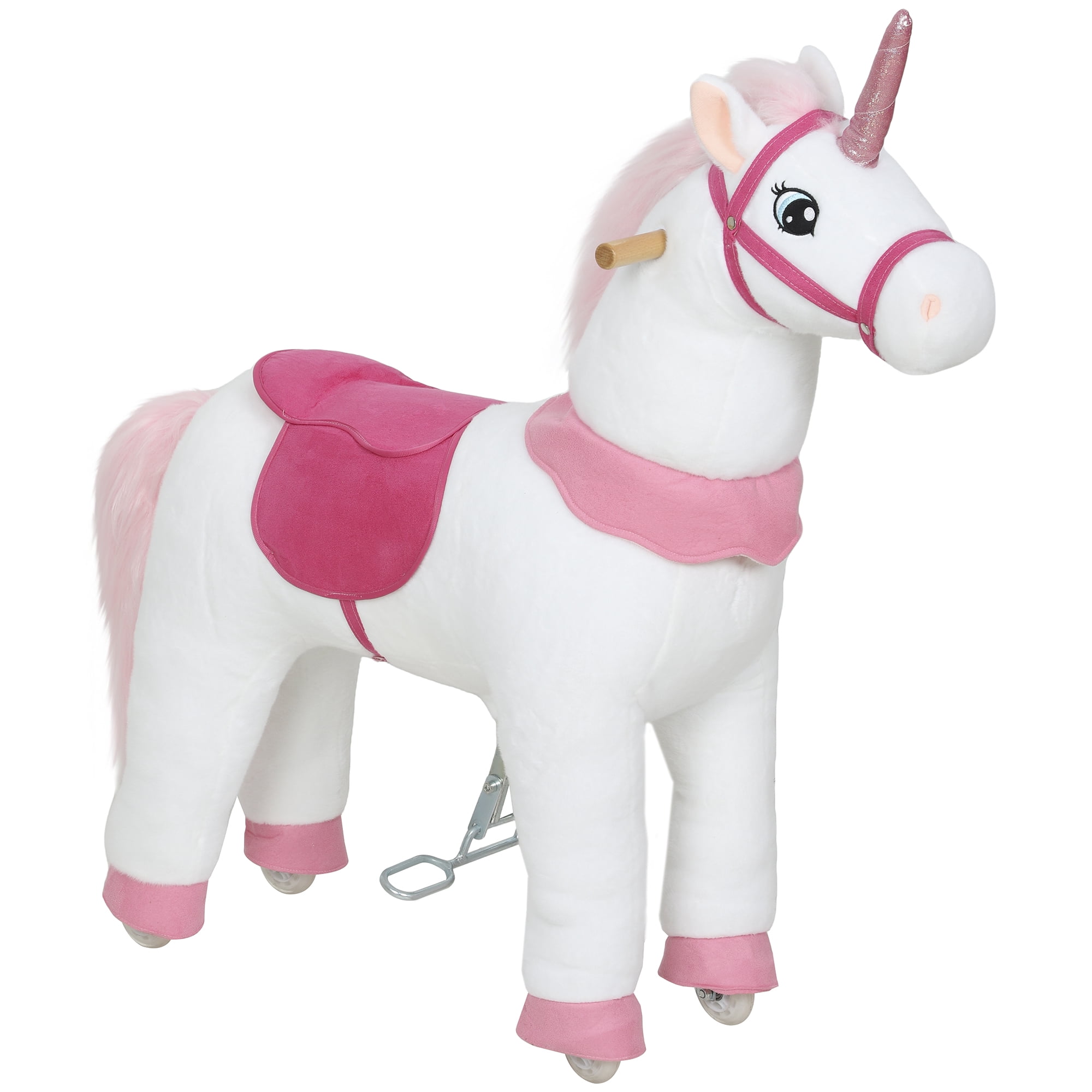 Qaba Ride on Unicorn Toy for Kids 4-7 Years, 37.8 Inch Plush Baby Rocking Horse, Mechanical Walking Animal with Wheels, No Batteries Required, White