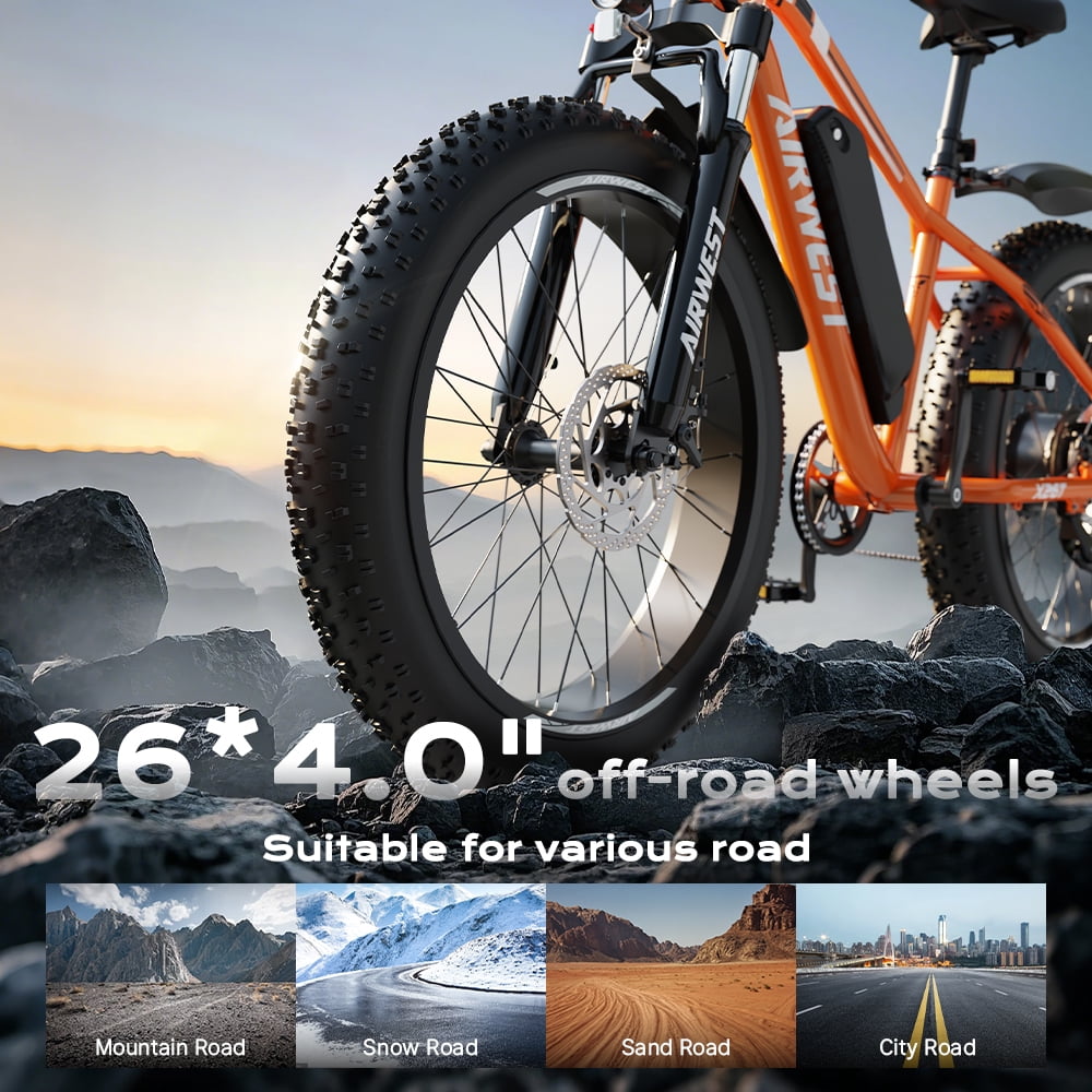 AIRWEST Men's Electric Mountain Bike, 26″ Fat Tire Electric Bike, Peak 750W Motor 48V 13Ah Removable Battery, 7-Speed, All-Terrain E-Bike, Max Speed 25MPH (40KMH), UL2849