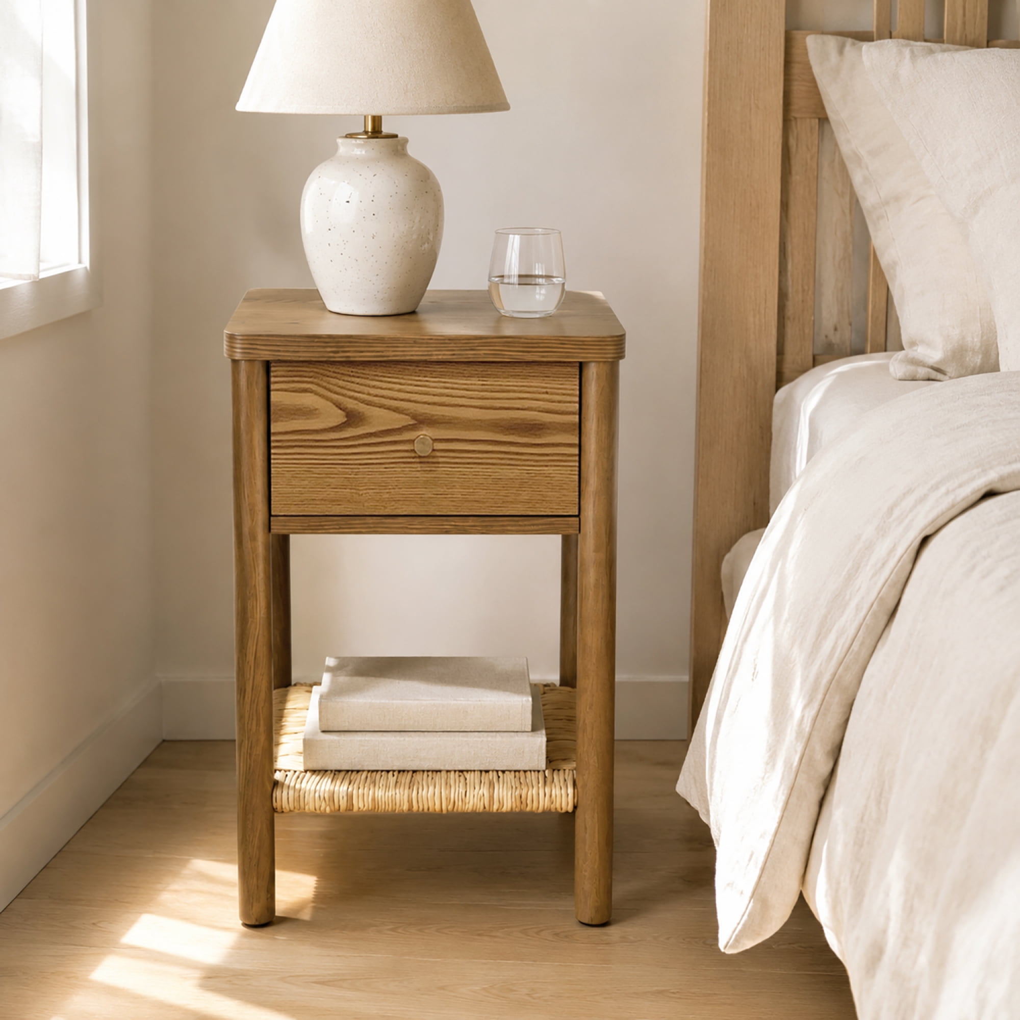 Leumius End Table with Rounded Edge Tabletop, Solid Wood Round Legs, Woven Jute Storage Shelf & Drawer, Nightstand for Bedroom Living Room Walnut
