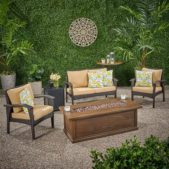 GDF Studio Voyage Outdoor 4 Seater Wicker Chat Set, Brown and Tan