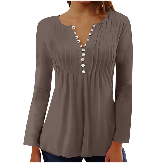 HKEJIAOI Polyester Long Sleeve Solid Top Women Button Down Round Neck Classic Fit