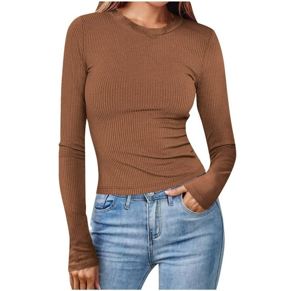 YUGYXL Womens Ribbed Shirts Crewneck Long Sleeve Slim Fit Tops Casual Tight Stretch T Shirts Fall Plain Basic Tees Brown M