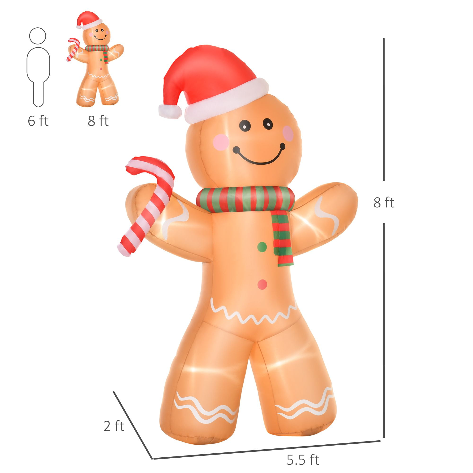 8 ft Christmas Inflatable Gingerbread Man with Candy Cane, LED Lighted Outdoor Yard Decoration, Weather-Resistant Polyester