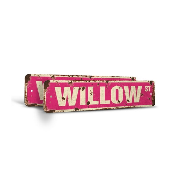 WILLOW Vintage Style Rustic Street Sign – (2 Pack) Childrens Name Room Sign Retro Decorative Wall Sign for Home, Bar, Garage, or Outdoor Use | 6" X 24" Aluminum Metal Road Sign