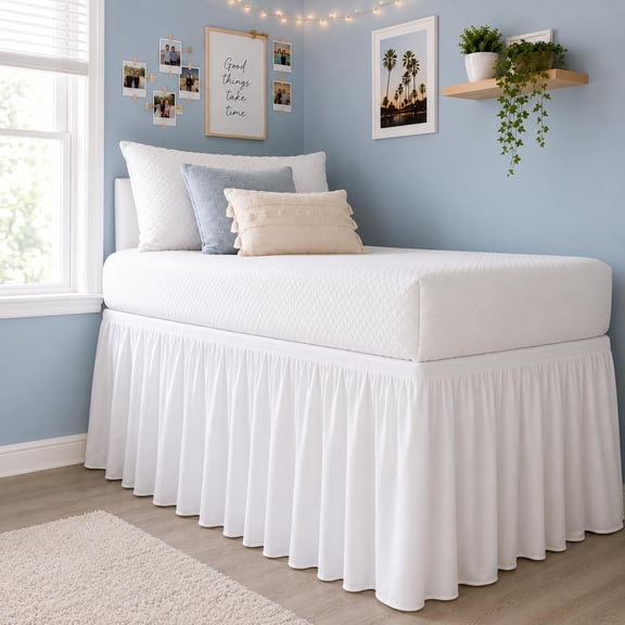 AUQ Dorm Bed Skirt Twin Xl-30 Inch Drop, Easy Wrap Around Elastic Dust Ruffle, Hide Underbed Storage, Soft Wrinkle Resistant Microfiber, College Dorm Bedding, White