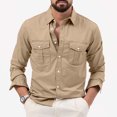 thumbnail image 2 of Clearance! Hontri Men's Fashion Spring And Summer Casual Long Sleeved Lapel Solid Color Shirt Shirt Double Pockets Men's Shirt Men Shirts Khaki Xl, 2 of 7