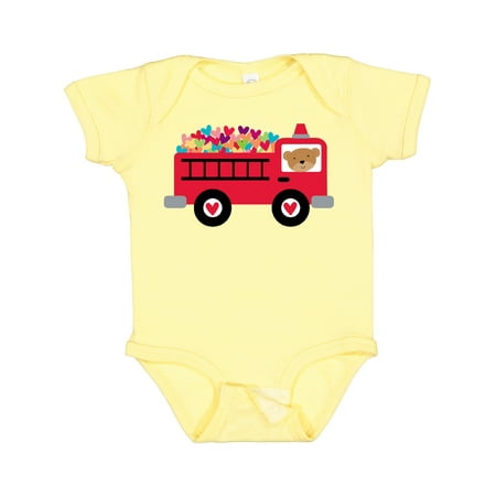 

Inktastic Valentine Fire Truck Heart Bear Boys or Girls Baby Bodysuit