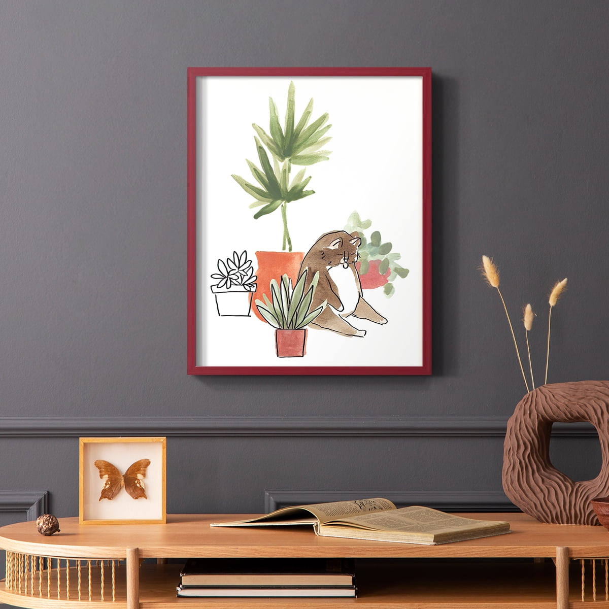 Purrfect Plants II Framed Print in Red Solid Wood Framed Print No Nail Hanging