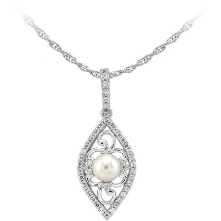 Her Special Day Jewelry White Freshwater Culutred Pearl and CZ Sterling Silver Pendant