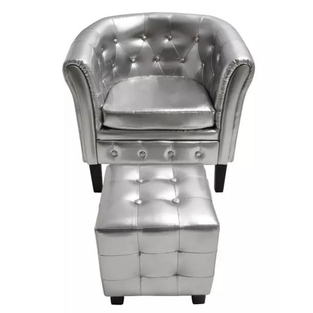 Tub Chair With Footstool Silver Faux, Leather Armchair With Footstool