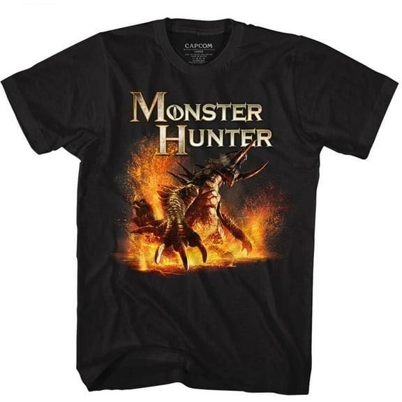 Monster Hunter Mens T-Shirt - Firery Dragon Battle Under Name (Small)