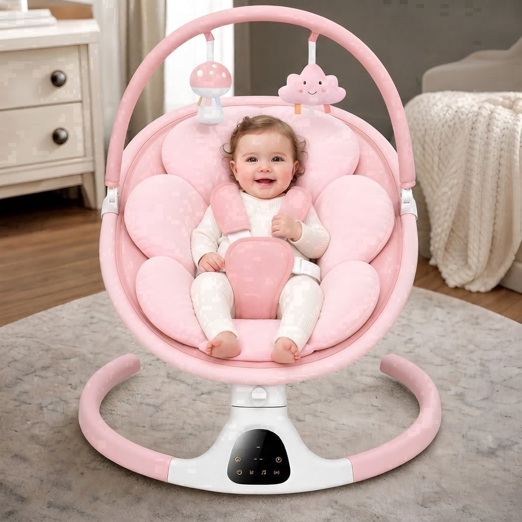 PRVAETU Baby Swing for Newborn Infants, Bluetooth Enabled, 5 Adjustable Speeds, Soothing Melodies & 5-Point Safety Harness,Pink