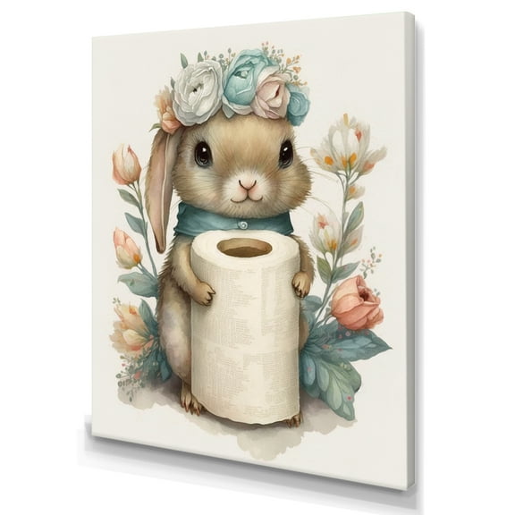 Designart Bunny With Roll Of Toilet Paper And Flowers II Canvas Wall Art